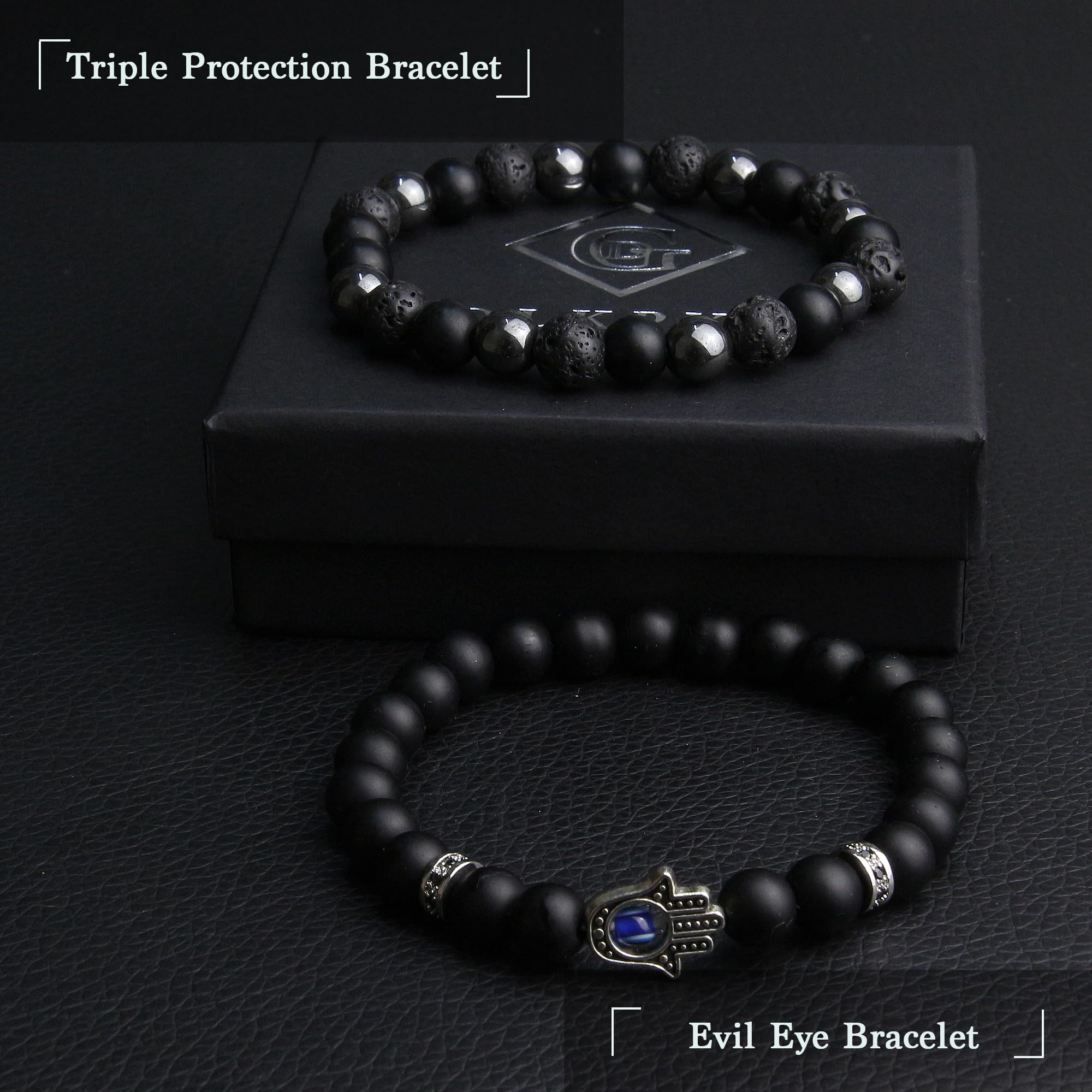 Black Obsidian Bracelet for Men - Black Tourmaline Beaded Bracelets - Mens Bracelet Set 8MM Black Onyx Hematite Lava Stone Beads Triple Protection Bracelet for Men Women Gifts