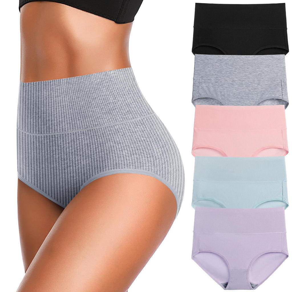 Women's High Waist Cotton Underwear Super Stretchy Briefs Full Coverage Panties Soft Women Panties 5-Pack