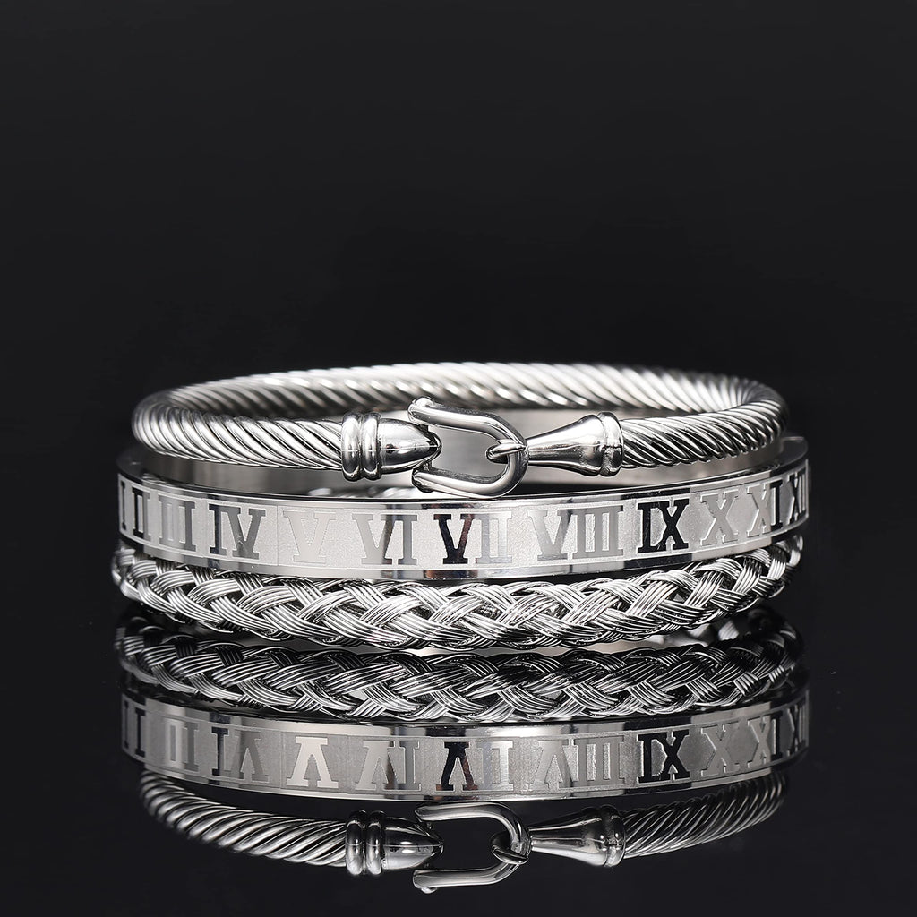 WFYOU 3PCS Stainless Steel Bracelets for Men Gold Roman Numeral Bangle Bracelet Twisted Cable Bracelet Adjustable Cuff Bracelet Mens Luxury Jewelry Bracelets Gifts
