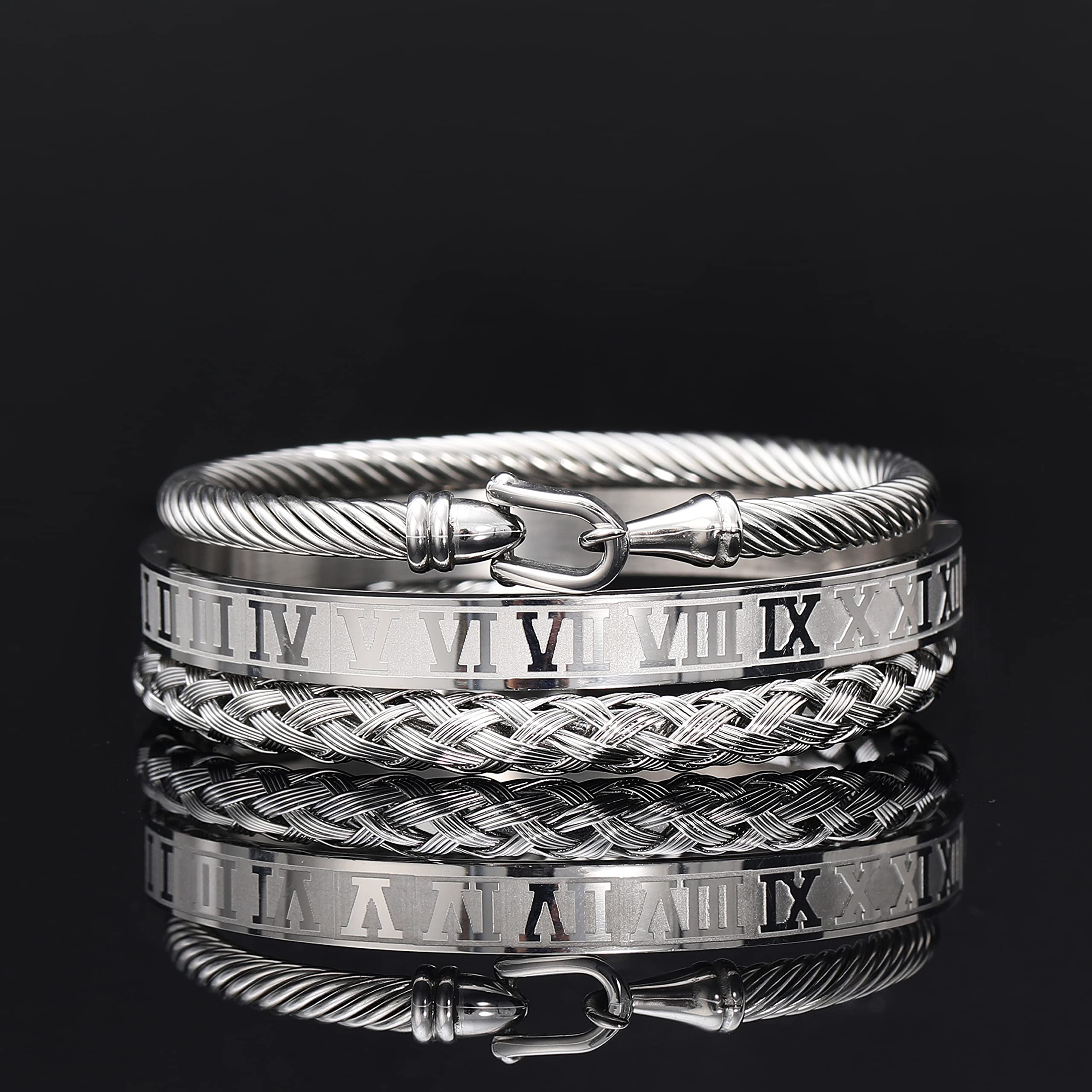 WFYOU 3PCS Stainless Steel Bracelets for Men Gold Roman Numeral Bangle Bracelet Twisted Cable Bracelet Adjustable Cuff Bracelet Mens Luxury Jewelry Bracelets Gifts