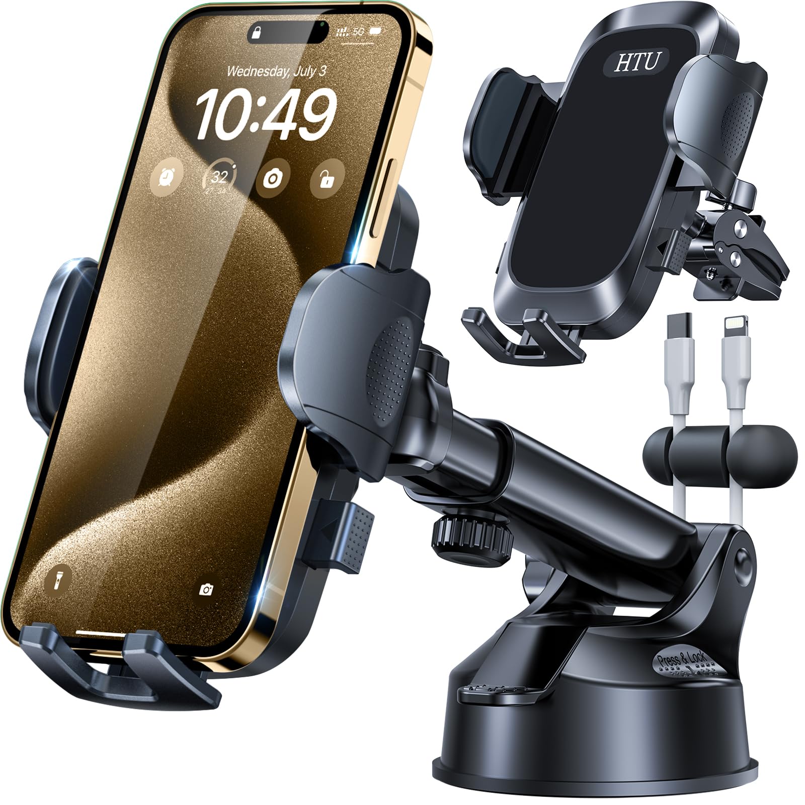 HTU 2026 Best Car Phone Holder 【Ultimate 5-in-1 & Upgraded 100+LBS Strongest Suction】【True Military-Grade & Safety Cert】 360° Windshield Dashboard Vent Mount Stand for iPhone Android & Truck, Black