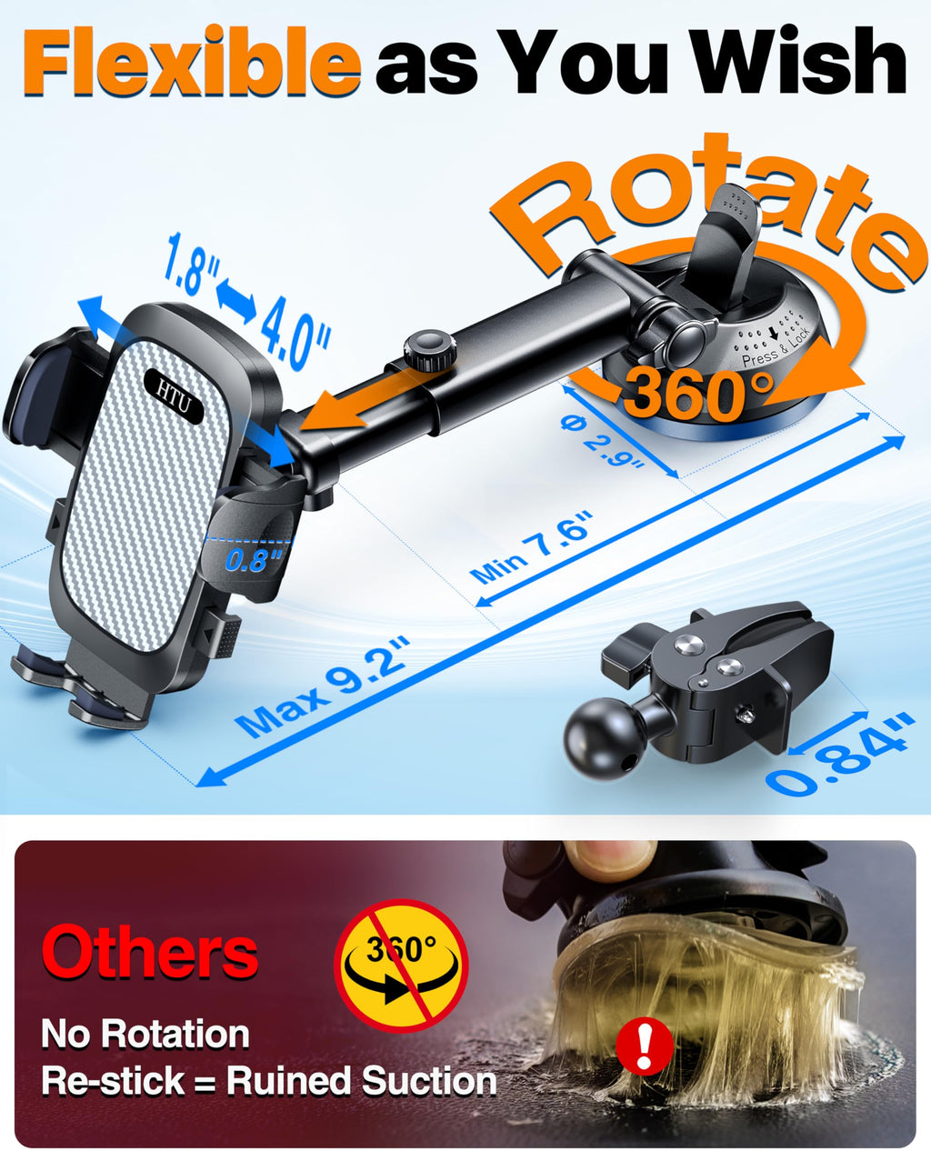 HTU 2026 Best Car Phone Holder 【Ultimate 5-in-1 & Upgraded 100+LBS Strongest Suction】【True Military-Grade & Safety Cert】 360° Windshield Dashboard Vent Mount Stand for iPhone Android & Truck, Black