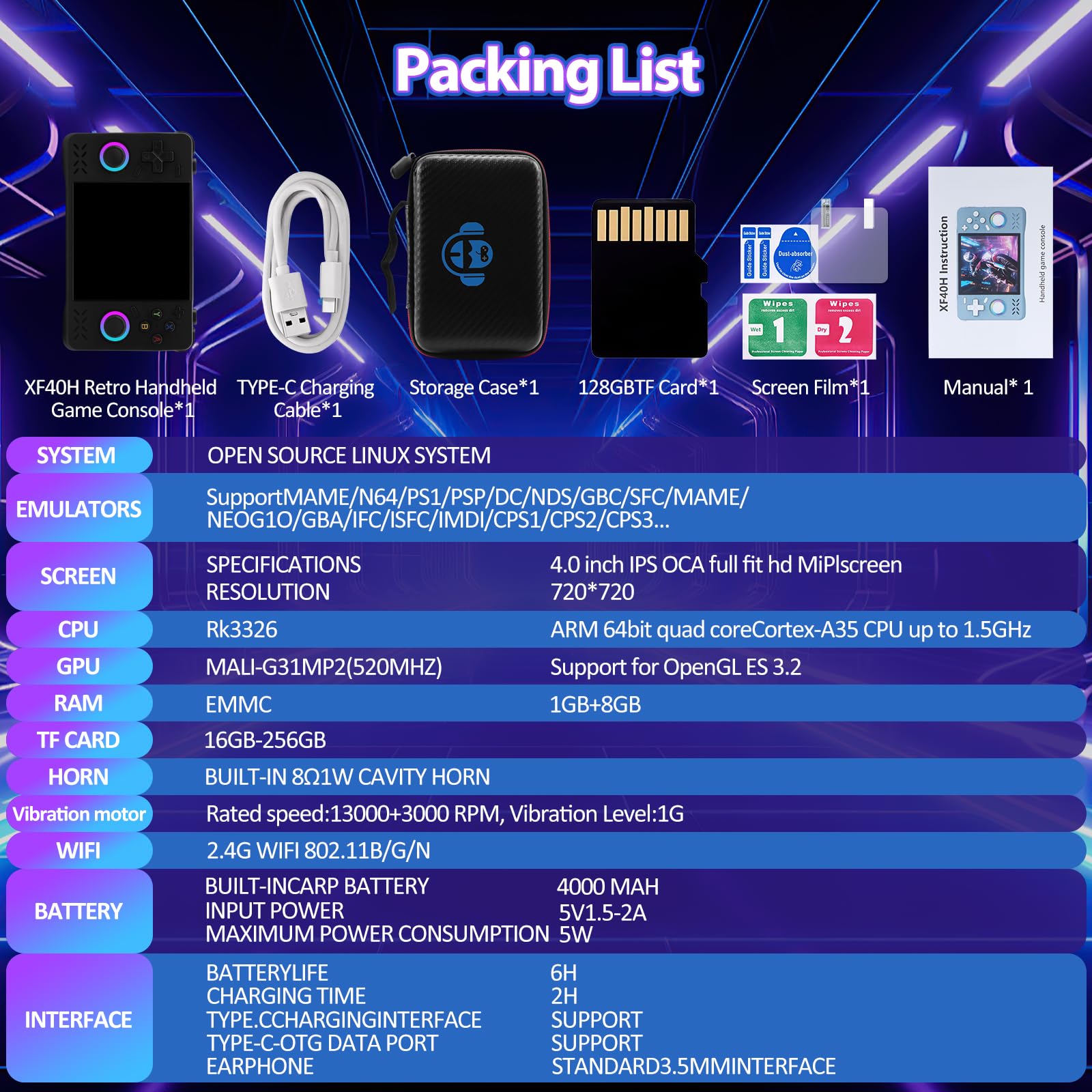 Upgraded XF40H Handheld Game Console, Retro Gaming Console Preloaded Classic Games with Multiple Emulators, 4.0 Inch 4K HD IPS Screen Open Source Linux System, Pocket Video Gaming (Black-128G)