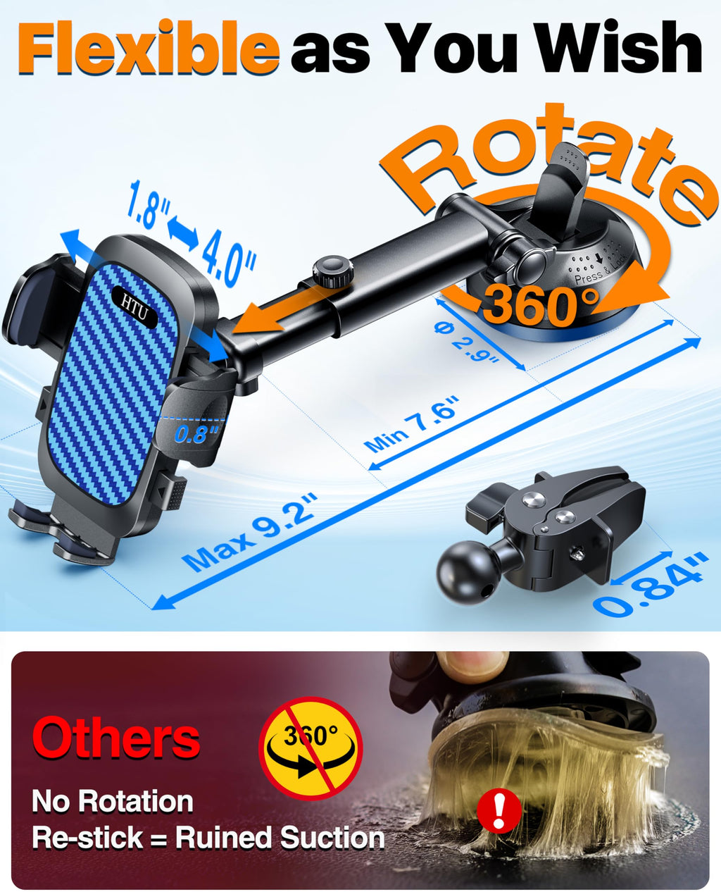 HTU 2026 Best Car Phone Holder 【Ultimate 5-in-1 & Upgraded 100+LBS Strongest Suction】【True Military-Grade & Safety Cert】 360° Windshield Dashboard Vent Mount Stand for iPhone Android & Truck, Black