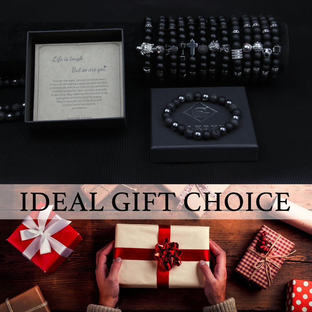 Black Obsidian Bracelet for Men - Black Tourmaline Beaded Bracelets - Mens Bracelet Set 8MM Black Onyx Hematite Lava Stone Beads Triple Protection Bracelet for Men Women Gifts