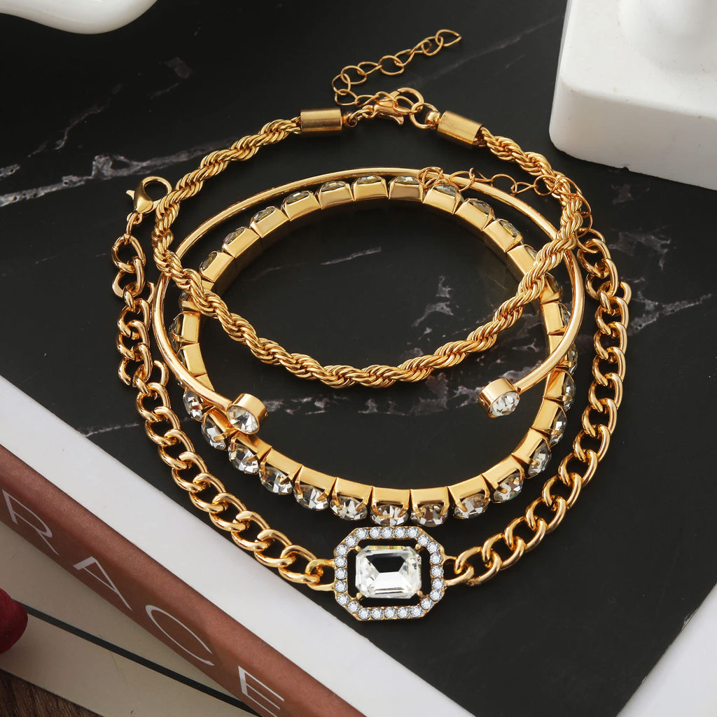 4 Pcs Dainty Gold Silver Bracelets Set for Women 14K Plated Link Cubic Zirconia Paperclip Stake Layering Chain Adjustable Trendy Hand Jewelry