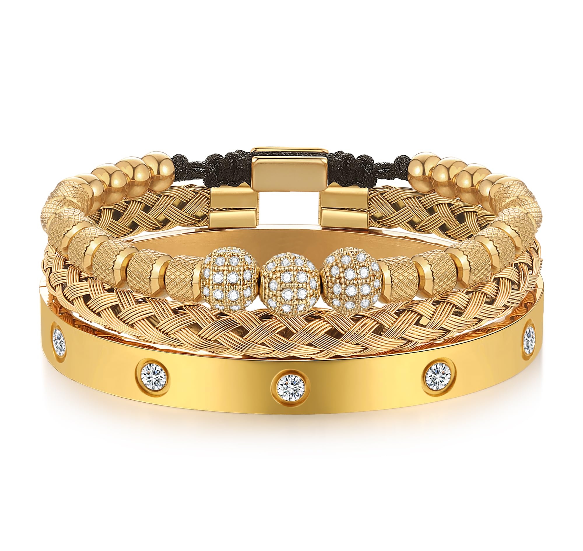 WFYOU 3PCS Stainless Steel Bracelets for Men Gold Roman Numeral Bangle Bracelet Twisted Cable Bracelet Adjustable Cuff Bracelet Mens Luxury Jewelry Bracelets Gifts