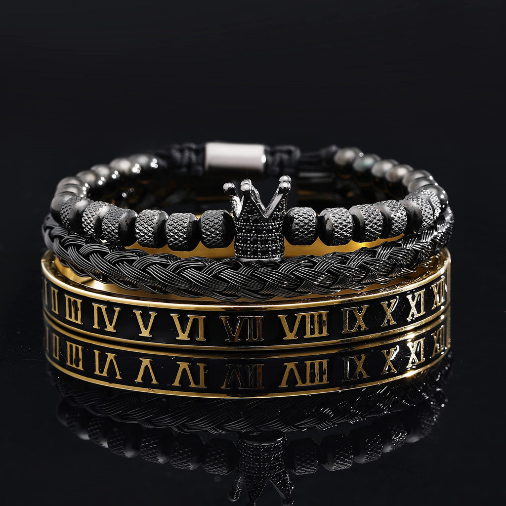 WFYOU 3PCS Stainless Steel Bracelets for Men Gold Roman Numeral Bangle Bracelet Twisted Cable Bracelet Adjustable Cuff Bracelet Mens Luxury Jewelry Bracelets Gifts