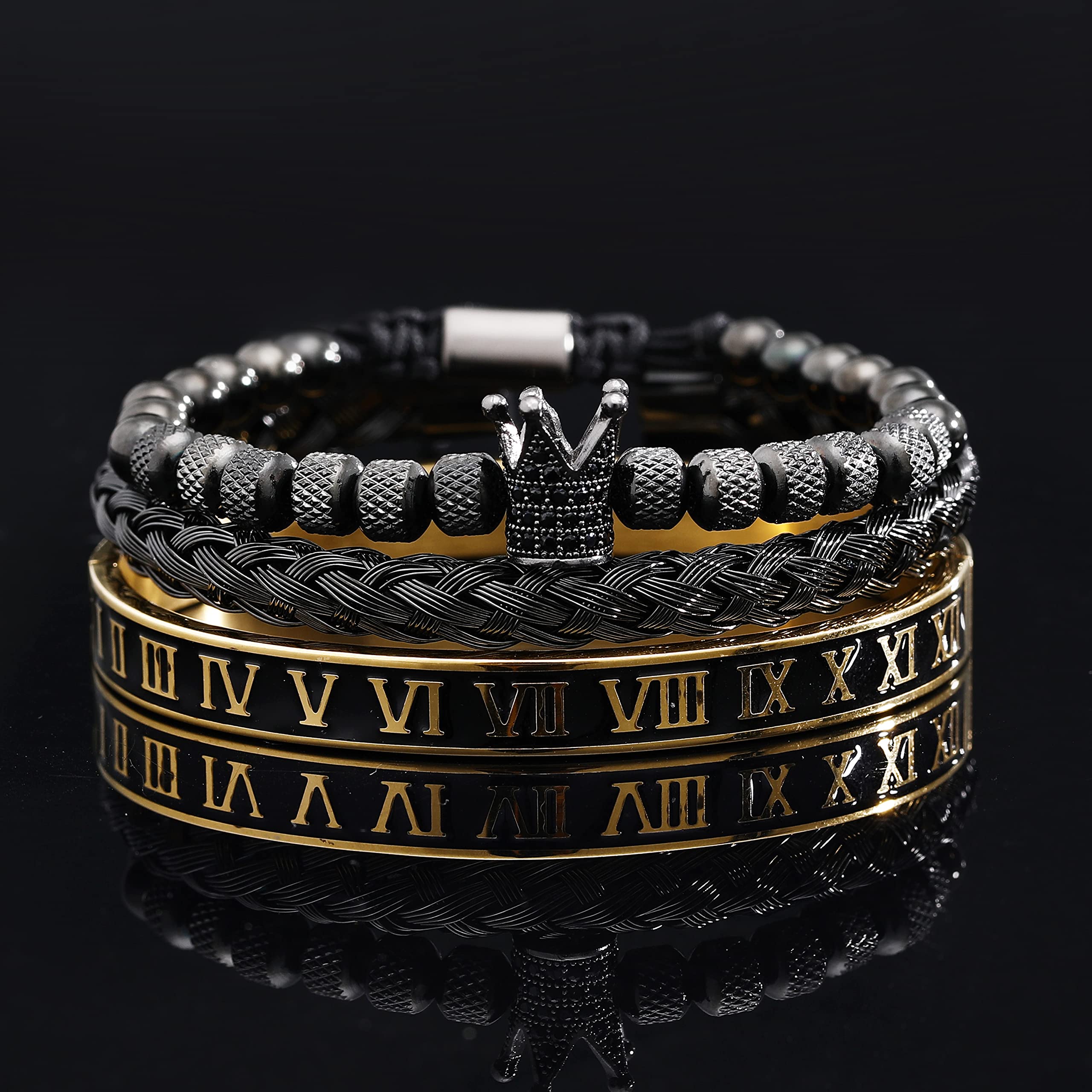 WFYOU 3PCS Stainless Steel Bracelets for Men Gold Roman Numeral Bangle Bracelet Twisted Cable Bracelet Adjustable Cuff Bracelet Mens Luxury Jewelry Bracelets Gifts