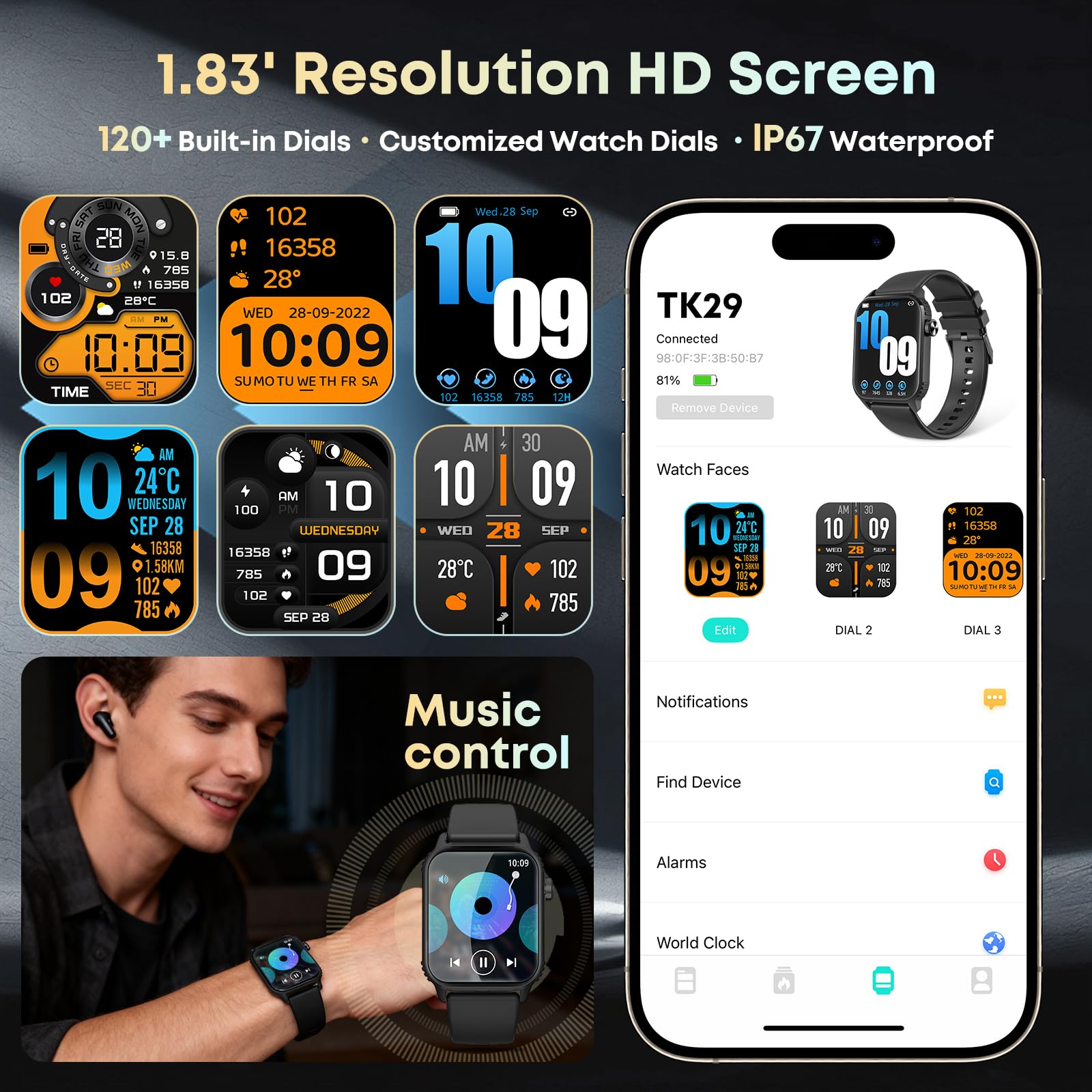 Smart Watches for Women Men, 120 Sports Modes Smartwatch with 1.83 inches HD Display, Heart Rate/Sleep Monitor, IP67 Waterproof, Bluetooth Call & Music Control for iPhone/Android Black