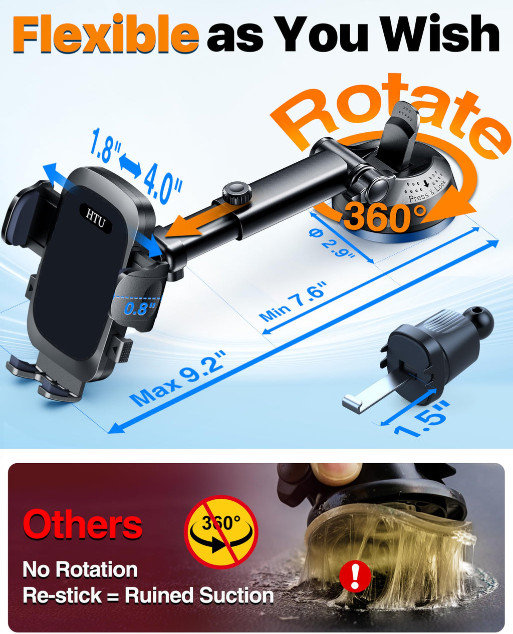 HTU 2026 Best Car Phone Holder 【Ultimate 5-in-1 & Upgraded 100+LBS Strongest Suction】【True Military-Grade & Safety Cert】 360° Windshield Dashboard Vent Mount Stand for iPhone Android & Truck, Black