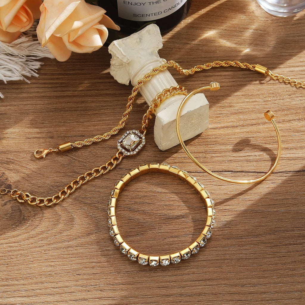 4 Pcs Dainty Gold Silver Bracelets Set for Women 14K Plated Link Cubic Zirconia Paperclip Stake Layering Chain Adjustable Trendy Hand Jewelry