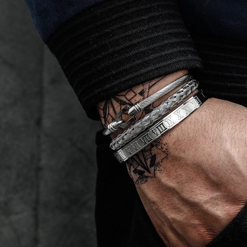 WFYOU 3PCS Stainless Steel Bracelets for Men Gold Roman Numeral Bangle Bracelet Twisted Cable Bracelet Adjustable Cuff Bracelet Mens Luxury Jewelry Bracelets Gifts