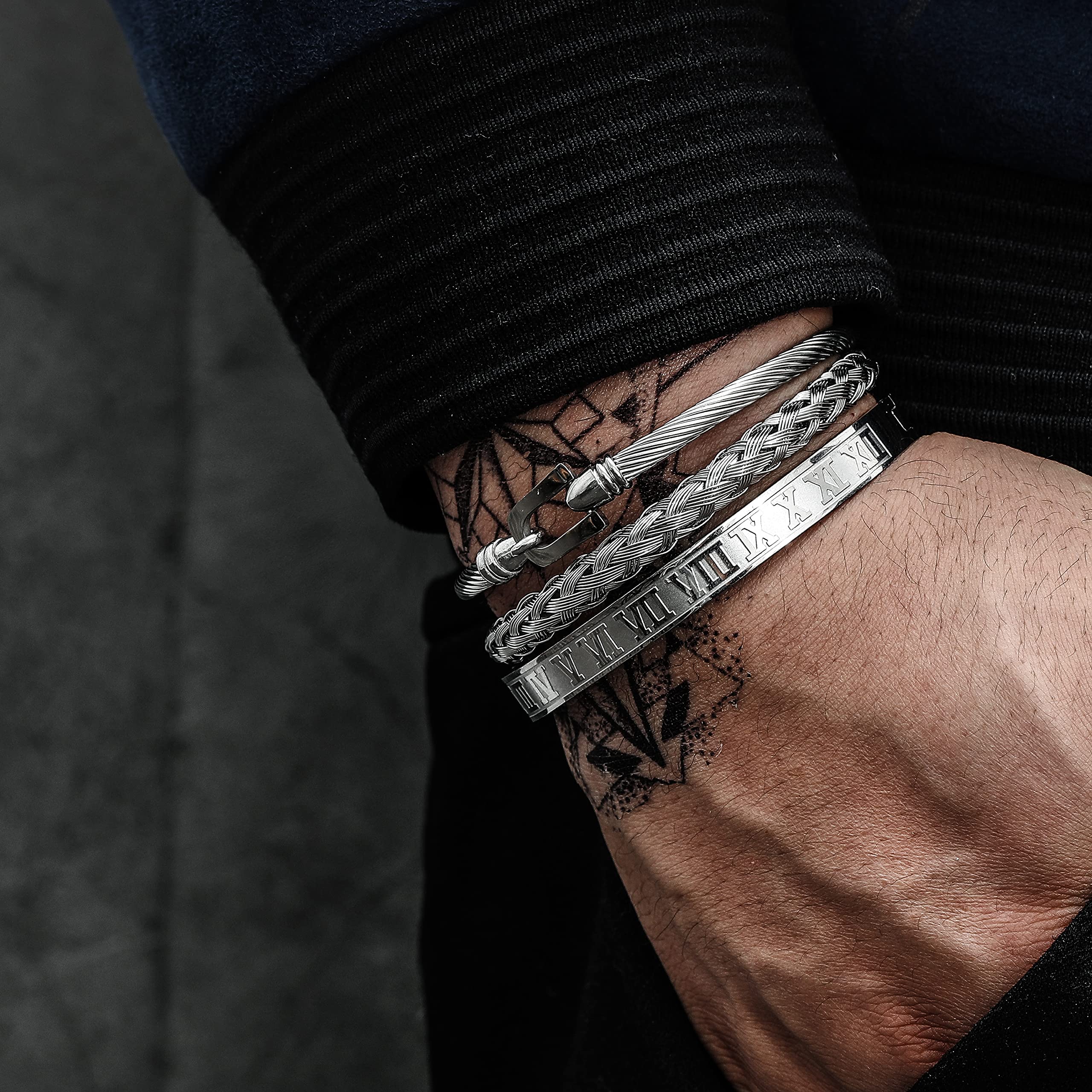 WFYOU 3PCS Stainless Steel Bracelets for Men Gold Roman Numeral Bangle Bracelet Twisted Cable Bracelet Adjustable Cuff Bracelet Mens Luxury Jewelry Bracelets Gifts